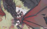  1boy 1girl absurdres asymmetrical_legwear black_dress black_gloves chinese_commentary commentary_request dark_datura_(love_and_deepspace) dragon dragon_wings dress elbow_gloves faceless faceless_female from_above gloves grass highres long_hair love_and_deepspace official_alternate_costume on_ground protagonist_(love_and_deepspace) red_dress strapless strapless_dress sylus_(abyssal_sovereign)_(love_and_deepspace) sylus_(love_and_deepspace) two-tone_dress watermark weibo_username weibo_watermark white_hair wings zhishuo418 