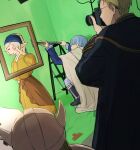  1girl 3boys blonde_hair blue_boots blue_coat blue_eyes blue_hair blue_headscarf blue_jacket blue_pants boots brown_hair camera cape closed_eyes coat dress dwarf earrings eisen_(sousou_no_frieren) elf fake_horns frieren girl_with_a_pearl_earring glasses green_screen grey_hair headscarf heiter helmet higemu highres himmel_(sousou_no_frieren) holding holding_camera holding_picture_frame horned_helmet horns jacket jewelry multiple_boys on_one_knee open_mouth pants parted_bangs pearl_earrings picture_frame pointy_ears rubbing_eyes short_hair sousou_no_frieren standing taking_picture white_cape yellow_dress yellow_headscarf 