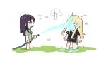  ! !! >_< 2girls arrow_(symbol) barefoot black_hair blonde_hair chibi cho_kaguya-hime! cocacolastic grass green_eyes highres holding holding_hose hose kaguya_(cho_kaguya-hime!) looking_at_another multiple_girls open_mouth sakayori_iroha signature smile wet white_background 