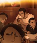  0109_(artist) 4boys alcohol beard beer beer_mug black_hair bunny_ears_prank chinstrap_beard closed_mouth commentary_request cup dark-skinned_male dark_skin drinking eating facial_hair goatee_stubble golden_kamuy green_jacket holding holding_cup holding_paper jacket koito_otonoshin looking_at_viewer looking_to_the_side male_focus mug multiple_boys open_mouth paper parted_lips polo_shirt scar scar_on_face selfie shirt short_hair sideburns sitting stubble sugimoto_saichi t-shirt table tanigaki_genjirou tsukishima_hajime watch white_shirt window wooden_table wristwatch 