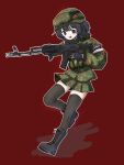  1girl ak-74m arm_ribbon assault_rifle black_boots black_eyes black_gloves black_hair black_thighhighs boots camouflage camouflage_helmet camouflage_jacket camouflage_skirt commentary gloves gun helmet highres holding holding_gun holding_weapon jacket jephy_0 kalashnikov_rifle korean_commentary looking_at_viewer military military_uniform miniskirt mole mole_under_eye open_mouth original r-chan red_background ribbon ribbon_of_saint_george rifle russia russian_flag russo-ukrainian_war short_side_ponytail side_ponytail skirt smile standing standing_on_one_leg tactical_gloves thighhighs thighs weapon white_ribbon z_(russian_symbol) zettai_ryouiki 
