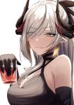  1girl \||/ absurdres bare_shoulders black_choker black_dress black_gloves black_horns blue_archive breasts choker cleavage closed_mouth commentary_request criss-cross_halter cup demon_girl demon_horns dress earrings elbow_gloves eyelashes eyes_visible_through_hair glass gloves green_eyes grey_hair halterneck hand_up highres holding holding_cup horns jewelry large_breasts light_smile long_hair looking_at_viewer makoto_(blue_archive) makoto_(dress)_(blue_archive) multiple_horns official_alternate_costume oiru_(613) parted_bangs partial_commentary pointy_ears sidelocks simple_background sleeveless sleeveless_dress solo swept_bangs tsurime upper_body white_background 