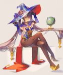  1girl adjusting_clothes adjusting_headwear aqua_eyes arms_up black_choker black_gloves black_hair black_pantyhose blue_capelet blue_hat blue_leotard breasts capelet choker commentary crossed_legs detached_sleeves earrings fur-trimmed_capelet fur_trim genshin_impact gloves gold_shoes hat high_heels highres jewelry leotard long_hair looking_at_viewer mona_(genshin_impact) pantyhose print_pantyhose reinene shoes single_earring sitting small_breasts solo star_(symbol) star_choker star_earrings strapless strapless_leotard twintails very_long_hair witch_hat 