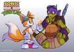  2022 anthro arsworlds canid canine clothing crossover dipstick_tail donatello_(tmnt) duo english_text eyewear eyewear_on_head footwear fox fur gloves goggles goggles_on_head handwear hi_res male mammal markings mask miles_prower open_mouth open_smile reptile scalie sega signature simple_background sitting smile sonic_the_hedgehog_(series) tail_markings teenage_mutant_ninja_turtles text turtle 