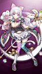  1girl animal_ears animal_hands breasts cat_ears cheshire_dinah_(grimms_notes) cleavage fang frilled_skirt frills full_body game_asset gloves grimms_notes holding holding_wand holding_weapon medium_breasts midriff navel non-web_source official_art paw_gloves paw_pose purple_background purple_eyes skirt smile solo striped_clothes striped_skirt t-track tail wand weapon white_hair white_skirt 