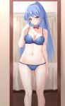  1girl arm_at_side ass_visible_through_thighs bell blue_bra blue_choker blue_eyes blue_hair blue_panties blush borrowed_character bow bra breasts choker cleavage closed_mouth collarbone commentary_request commission eyelashes feet_out_of_frame hair_between_eyes hand_up head_tilt heterochromia highres jingle_bell large_breasts long_hair looking_at_mirror looking_at_viewer mirror navel ncontrail_(mgax7527) neck_bell original panties ponytail red_bow red_eyes reflection sidelocks skeb_commission smile solo standing stomach straight_hair thighs tsurime underwear underwear_only very_long_hair 