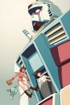  1boy 1girl absurdres amuro_ray aobito_sukoyaka_bystander bag basket brown_hair carrying coffee_mug commentary_request cup earth_federation fraw_bow gradient_background gun gundam hangar haro highres holding holding_basket machine_gun mecha military_uniform mobile_suit mobile_suit_gundam mug pet robot rx-78-2_gundam scarf science_fiction spacecraft_interior v-fin weapon white_base yellow_eyes yellow_scarf zero_gravity 