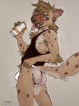  2022 3:4 anthro biped blush brown_body brown_fur bulge butt can container ear_piercing fur hi_res holding_can holding_container holding_object hyaenid male mammal piercing sicklyhypnos solo tongue tongue_out 