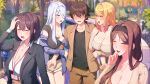  1boy 4girls black_hairband black_shirt blonde_hair blush breasts brown_hair cleavage closed_eyes collarbone faceless faceless_male game_asset grabbing_another's_arm grey_hair hair_ornament hairband hairclip hand_to_own_mouth hand_up highres id_card jacket jacket_partially_removed jewelry large_breasts long_sleeves multiple_girls necklace non-web_source off-shoulder_sweater off_shoulder office_lady official_art open_mouth outdoors pants red_eyes s.u._(simpleu818) self-datamine shinonome_ayano shinonome_kasumi shinonome_shizuku shirt shorts sizuko_(summer_clover) skull_hair_ornament smile suit summer_clover sweater white_shirt x_hair_ornament 