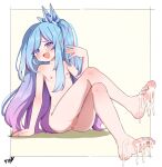  1girl absurdres barefoot blue_hair blue_nails boppin breasts cleft_of_venus commentary commission crossed_legs cum cum_on_body cum_on_feet duel_monster english_commentary feet highres long_hair multicolored_hair nail_polish nipples nude open_mouth pussy rilliona_(yu-gi-oh!) sitting small_breasts solo toenail_polish toenails toes uncensored witchcrafter_madame_verre yu-gi-oh! 