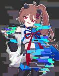  1girl absurdres ahoge animal_ears black_choker black_gloves black_shorts black_sleeves blue_jacket blue_ribbon broken_heart broken_heart_hair_ornament brown_hair cat_ears choker commentary cowboy_shot detached_sleeves english_commentary evil_neuro-sama evil_neuro-sama_(cyberpunk_knight) fingerless_gloves from_side glitch gloves hair_between_eyes hair_ornament heart heart_hair_ornament high_ponytail highres iskavt jacket long_hair long_sleeves looking_at_viewer neck_ribbon official_alternate_costume official_alternate_hairstyle open_mouth ponytail red_eyes red_ribbon ribbon see-through_arm_warmers see-through_clothes see-through_skirt shorts skirt solo tank_top vedal_ai white_tank_top 