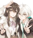  1boy 1girl absurdres alternate_costume aqua_necktie arknights arm_up black_cardigan black_hairband black_skirt breasts brown_hair cardigan chinese_commentary commentary_request doctor_(anime)_(arknights) doctor_(arknights) double_v grey_eyes hair_between_eyes hair_over_shoulder hairband heads_together hetero highres jacket leaning_forward long_hair looking_at_viewer low_ponytail male_doctor_(arknights) medium_breasts neck_ribbon necktie open_cardigan open_clothes open_jacket parted_lips ponytail priestess_(arknights) purple_ribbon ribbon shading_eyes shirt sidelocks simple_background skirt sweater sweater_tucked_in turtleneck turtleneck_sweater upper_body v white_background white_hair white_jacket white_shirt white_sweater yomi_tamashi 