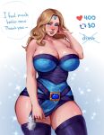  1girl aqua_eyes ave_poppea bare_shoulders blonde_hair blue_eyeshadow blue_gem blue_thighhighs blush breasts collarbone commentary cowboy_shot crystal_maiden dota_(series) english_commentary english_text eyeshadow forehead forehead_jewel full-face_blush gem hand_on_own_head highres huge_breasts legs lips long_hair looking_at_viewer makeup nose nostrils pelvic_curtain simple_background solo speech_bubble star_(symbol) strip_game sweat thighhighs thighs white_background 
