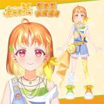 ahoge bag blonde_hair blush braid buttons character_name close-up commentary_request denim english_text highres jewelry logo love_live! love_live!_sunshine!! multicolored_hair multiple_views necklace nose off_shoulder official_art orange_background orange_hair overalls red_eyes shoes shorts simple_background single_braid single_thighhigh sleeveless smile sneakers takami_chika thighhighs upper_body 
