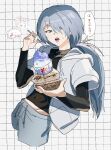  1boy 6_6udon :o black_shirt blue_eyes blue_hair blue_pants blush casual chibi chibi_inset colored_tongue commentary_request contemporary covered_navel cropped_legs disposable_spoon drawstring dutch_angle food fubuki_(nige_jouzu_no_wakagimi) grid_background groin hair_between_eyes highres holding holding_food holding_spoon hood hoodie long_hair long_sleeves looking_at_viewer low_ponytail midriff nige_jouzu_no_wakagimi open_clothes open_hoodie pants ponytail puffy_short_sleeves puffy_sleeves raised_inner_eyebrows shaved_ice shirt shirt_under_hoodie short_sleeves skin_tight small_sweatdrop solo speech_bubble spoon takeout_container takoyaki teeth tight_clothes tight_shirt tongue tongue_out upper_teeth_only very_long_hair yakisoba 