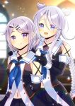  2girls :d bare_shoulders black_gloves black_shirt black_skirt blue_eyes blue_neckerchief blurry blurry_background blush braid breasts character_request closed_mouth commentary_request commission day depth_of_field dual_persona eyes_visible_through_hair gloves grey_hair hair_ornament hairclip hands_on_another's_shoulders indoors kantai_collection kou_hiyoyo long_hair medium_breasts mole mole_under_eye multiple_girls navel neckerchief parted_bangs pleated_skirt purple_eyes shirt single_braid skeb_commission skirt sleeveless sleeveless_shirt smile sunlight umikaze_(kancolle) umikaze_kai_ni_(kancolle) very_long_hair virtual_youtuber window 