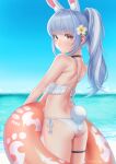 1girl absurdres alternate_hairstyle animal_ears ass bare_arms bare_shoulders beach bikini blue_hair blue_sky breasts bunny-shaped_pupils cloud day extra_ears flower from_behind hair_flower hair_ornament highres holding holding_innertube hololive horizon innertube long_hair looking_at_viewer looking_back multicolored_hair nanja ocean orange_eyes outdoors ponytail rabbit_ears rabbit_girl rabbit_tail short_eyebrows side-tie_bikini_bottom sky small_breasts solo string_bikini swimsuit symbol-shaped_pupils tail thick_eyebrows thigh_strap two-tone_hair usada_pekora virtual_youtuber water white_bikini white_hair 
