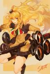  1girl absurdres bag bangs bbsinday black_shorts black_skirt black_socks blonde_hair blue_eyes brown_hairband character_name chinese_commentary fabarm_sat-8 full_body girls&#039;_frontline gloves gun hairband highres holding holding_gun holding_weapon italian_flag jacket jumping long_hair long_sleeves looking_at_viewer neck_ribbon open_mouth ribbon s.a.t.8_(girls&#039;_frontline) shell_casing shield shoes shorts shotgun shoulder_bag simple_background skirt smile socks solo teeth upper_teeth weapon yellow_background yellow_gloves yellow_jacket 