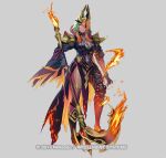 1girl armor asymmetrical_legwear black_armor black_gloves bodystocking breasts cleavage closed_mouth commentary_request covered_navel dark-skinned_female dark_skin eyepatch fire fire_emblem fire_emblem_heroes foot_on_weapon gloves gradient_hair green_hair hair_over_one_eye headpiece holding holding_scythe holding_weapon laegjarn_(fire_emblem) laegjarn_(flame_miracle)_(fire_emblem) large_breasts looking_at_viewer maeshima_shigeki medium_hair mismatched_legwear multicolored_hair official_alternate_costume official_alternate_hairstyle official_art orange_hair pelvic_curtain red_eyes scythe shoulder_armor single_thighhigh solo thighhighs thighs weapon 