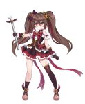  1girl :3 absurdres alternate_costume alternate_hairstyle ankle_socks asymmetrical_legwear back_ribbon bare_shoulders bow bowtie broken_heart broken_heart_hair_ornament brown_dress brown_gloves brown_hair brown_shoes closed_mouth collared_halterneck commentary contrapposto dress english_commentary evil_neuro-sama frilled_dress frilled_gloves frills full_body gloves hair_bow hair_intakes hair_ornament halterneck heart heart_hair_ornament highres holding holding_lead_pipe hororin lead_pipe long_hair looking_at_viewer magical_girl off-shoulder_dress off_shoulder outstretched_arm purple_bow red_bow red_bowtie red_eyes red_ribbon ribbon shoes simple_background single_thighhigh socks solo standing thighhighs twintails uneven_legwear v-shaped_eyebrows vedal_ai very_long_hair virtual_youtuber white_background winged_shoes 