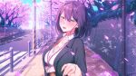  1boy 1girl black_hair blush breasts cleavage earrings game_asset grey_eyes hair_ornament hairclip hand_grab highres id_card jewelry medium_hair mole mole_on_breast mole_under_eye necklace non-web_source office_lady official_art open_mouth outdoors petals pov pov_hands s.u._(simpleu818) self-datamine shirt sizuko_(summer_clover) smile stud_earrings suit summer_clover upper_body white_shirt 