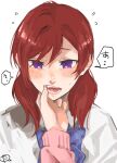  2girls blue_bow blue_bowtie blush bow bowtie commentary_request fangs female_pov highres long_sleeves looking_at_viewer love_live! love_live!_school_idol_project making-of_available multiple_girls nishikino_maki open_mouth otonokizaka_school_uniform pov purple_eyes school_uniform shirt simple_background solo_focus surfacedxxc sweatdrop upper_body white_background white_shirt yazawa_nico yuri 
