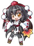  1girl :d black_hair black_thighhighs black_wings blush brown_sandals chibi chibi_only commentary_request feathered_wings full_body geta hair_between_eyes hand_fan hand_up hat hauchiwa holding holding_fan japanese_clothes kimono kourindou_tengu_costume long_sleeves looking_at_viewer open_mouth pom_pom_(clothes) red_hat ribbon-trimmed_sleeves ribbon_trim sandals shameimaru_aya shinjitsu short_hair simple_background smile socks socks_over_thighhighs solo standing tabi tengu-geta thighhighs tokin_hat touhou white_background white_kimono white_socks wide_sleeves wings yellow_eyes 