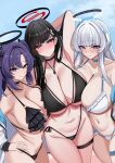  3girls absurdres alternate_costume armpits bikini black_bikini black_hair black_halo blue_archive blue_sky breasts commentary_request frilled_bikini frills hair_behind_ear halo hand_on_own_hip headgear highres huge_breasts large_breasts lengkuass long_hair looking_at_viewer mechanical_halo multiple_girls navel noa_(blue_archive) outdoors pink_hair presenting_own_armpit purple_hair red_eyes rio_(blue_archive) sarong see-through_clothes see-through_sarong seminar_(blue_archive) sideboob sky smile swimsuit white_bikini white_hair white_halo yuuka_(blue_archive) 