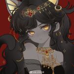  absurdres animal_ears argyle_clothes argyle_sleeves bare_shoulders black_shirt breasts bright_pupils cat_ears cat_girl cat_tail chinese_commentary circlet cleavage closed_mouth commentary_request crop_top detached_sleeves earrings expressionless gold_circlet gold_earrings gold_necklace greyscale highres jewelry late-night_tricks_(shining_nikki) long_hair mismatched_earrings monochrome necklace nikki_(series) red_background see-through_clothes see-through_sleeves shining_nikki shirt sidelocks simple_background smirk sparkle spot_color symbol-shaped_pupils tail triangle-shaped_pupils very_long_hair watermark wavy_hair weibo_watermark xiaoyu_qixing yellow_eyes yellow_pupils 