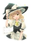  1girl absurdres black_headwear blonde_hair bow frilled_hat frills green_eyes hair_bow hakurei_kaede hat hat_bow highres kirisame_marisa medium_hair one_eye_closed open_mouth short_sleeves simple_background teeth touhou upper_body upper_teeth white_background white_bow 