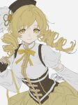  1girl absurdres blonde_hair bow bowtie brown_gloves brown_hat collared_shirt corset cowboy_shot detached_sleeves donggan_maotiao drill_hair fingerless_gloves flat_color gloves hat highres looking_at_viewer magical_girl mahou_shoujo_madoka_magica mahou_shoujo_madoka_magica_(anime) medium_hair shirt simple_background skirt smile solo soul_gem tomoe_mami tomoe_mami_(magical_girl) twin_drills white_background white_shirt yellow_bow yellow_bowtie yellow_eyes yellow_skirt 