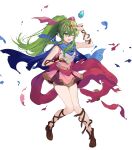  1girl armor bangs blue_cape boots breastplate broken_armor cape dress fire_emblem fire_emblem:_mystery_of_the_emblem fire_emblem_heroes floating floating_object full_body gold_trim green_eyes green_hair hands_up highres jewelry legs long_hair looking_away necklace necomi non-web_source official_art one_eye_closed open_mouth pink_dress pointy_ears ponytail shiny shiny_hair short_dress sleeveless solo stone tiara tiki_(fire_emblem) torn_cape torn_clothes transparent_background 