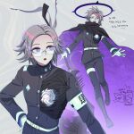  1boy 1st_scenario_(hundred_line) :d :o aotsuki_eito armband artist_self-insert belt black_boots black_cloak black_jacket black_pants boots carrot cloak commentary_request doodle_inset floating gakuran glasses gloves grey_background grey_hair halo hand_on_own_hip highres holding holding_scythe holding_weapon hole_in_chest hole_on_body hsh7955 jacket korean_commentary last_defense_academy_school_uniform looking_at_viewer male_focus multiple_views official_alternate_hairstyle pants purple_eyes school_uniform scythe short_hair smile spoilers sweat tablet_pc the_hundred_line_-last_defense_academy- weapon white_armband white_belt white_gloves 