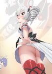  !? 2girls absurdres ass bare_shoulders bi_tian_li_de_xing blue_eyes blue_hair blush breasts bronya_zaychik bronya_zaychik_(drive_kometa) detached_sleeves dress drill_hair from_below grey_eyes grey_hair hair_between_eyes highres honkai_(series) honkai_impact_3rd looking_down multiple_girls no_panties open_mouth project_bunny red_thighhighs seele_vollerei short_sleeves sleeveless sleeveless_dress small_breasts solo_focus thighhighs upskirt white_dress 