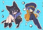  2boys animal_hood astel_leda astel_leda_(1st_costume) black_boots black_choker black_hair black_jacket blonde_streaks blue_background blue_hair boots celery_umeeee choker commentary drop_shadow full_body gloves green_eyes grid_background hair_ornament hairclip hat highres holostars hood hood_up hooded_jacket jacket kanade_izuru kanade_izuru_(1st_costume) lightning_bolt_hair_ornament lightning_bolt_symbol male_focus multicolored_hair multiple_boys necktie orange_jacket outline peaked_cap purple_eyes purple_shirt red_necktie shirt star_(symbol) streaked_hair thigh_strap virtual_youtuber white_gloves white_outline 
