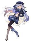  1girl altina_orion beret black_ribbon black_thighhighs blue_capelet blue_hat boots capelet child double-parted_bangs eiyuu_densetsu floating_hair green_eyes hair_between_eyes hair_ribbon hat highres holding holding_stuffed_toy knee_boots long_hair long_sleeves rean_schwarzer ribbon school_uniform sen_no_kiseki_(series) sen_no_kiseki_iii simple_background solo stuffed_toy thighhighs thors_military_academy_branch_campus_uniform toramaru_(696anna) tress_ribbon two_side_up white_background white_boots white_hair wispy_bangs 