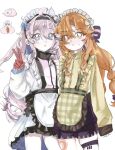 2girls ahoge blue_eyes bow braid braided_sidelocks carrot chinese_commentary commentary_request curly_hair denia_(wuthering_waves) dress gloves green_dress green_eyes hairband highres leg_tattoo mitaogangjing multiple_girls open_mouth orange_hair pink_hair pointy_ears rabbit red_gloves sidelocks sigrika_(wuthering_waves) tattoo thigh_strap white_dress wuthering_waves 