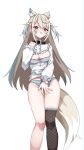  1girl animal_collar animal_ears ass_visible_through_thighs bib_collar black_collar blonde_hair blue_hairband blue_panties blue_streaks breasts cleavage cleavage_cutout clothes_lift clothing_cutout collar covering_crotch covering_privates crossed_bangs cutout_above_navel dog_ears dog_girl dog_tail double-parted_bangs dress dress_lift extra_ears fake_horns fishnet_thighhighs fishnets frilled_shirt_collar frilled_sleeves frills fuwawa_abyssgard fuwawa_abyssgard_(1st_costume) hair_between_eyes hairband hand_up highres hololive hololive_english horn_hairband horns large_breasts long_hair long_sleeves looking_at_viewer multicolored_hair open_mouth panties pink_eyes short_dress simple_background single_thighhigh skaarl_(artist) solo streaked_hair striped_clothes striped_panties tail thigh_gap thighhighs two_side_up underwear virtual_youtuber white_background white_dress white_panties 