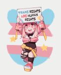  1girl :d black_thighhighs blush commentary english_commentary highres holding holding_sign jacket lgbt_pride long_hair open_mouth original pink_eyes pink_hair pink_jacket platform_shoes pride_month second-party_source shoes sign smile solo teeth thighhighs togekk0 trans_rights transgender_flag upper_teeth_only 