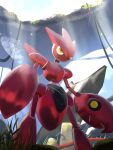  blue_sky closed_mouth cloud commentary_request cowboy_shot grass highres insect_wings looking_ahead no_humans outdoors pokemon pokemon_(creature) pokemon_focus redamber334 scizor sky standing sunlight wings yellow_eyes 