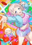  1girl absurdres belt blue_skirt bow breasts collarbone commentary_request crop_top fingernails gakuen_idolmaster garakuta_road_(idolmaster) grey_hair highres idolmaster katsuragi_lilja long_hair looking_at_viewer midriff nail_polish navel nefula14 open_mouth pink_belt pink_bow pink_nails short_hair skirt smile solo stomach 