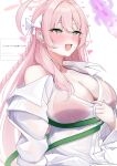  1girl :d absurdres ahoge bikini bikini_under_clothes blue_archive blush bow braid breasts censored cleavage collared_shirt commentary_request eyelashes fan_request green_eyes hair_bow hair_intakes halo hanako_(blue_archive) hanako_(swimsuit)_(blue_archive) haniwa_(statue) heart highres hose huge_ahoge large_breasts long_hair long_sleeves looking_ahead mosaic_censoring nose_blush official_alternate_costume oiru_(613) open_mouth oversized_clothes oversized_shirt partial_commentary pink_hair red_bikini request_inset see-through_clothes see-through_shirt shirt simple_background single_bare_shoulder single_braid smile solo swimsuit translation_request tsurime upper_body very_long_hair wet wet_clothes wet_shirt white_background white_bow white_shirt 