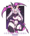  1girl :d ahoge animal_ear_fluff animal_ears areola_slip black_thighhighs blush breasts commentary commission english_commentary full_body furry furry_female hand_up highres holding holding_weapon large_breasts long_hair looking_at_viewer mo_(k40633) multicolored_hair navel open_mouth original pubic_tattoo purple_background purple_eyes rabbit_ears red_hair smile solo squatting stomach streaked_hair tail tattoo thighhighs thighs twintails weapon white_hair 