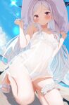  1girl bikini blue_archive blush breasts collarbone commentary demon_horns demon_wings dress frilled_bikini frilled_thigh_strap frills from_below grey_hair halo hat highres hina_(blue_archive) horns kneehighs long_hair looking_at_viewer low_wings naiyoubuding outdoors pink_eyes sandals see-through_clothes small_breasts socks solo straight_hair swimsuit thigh_strap toenails toes very_long_hair white_bikini white_dress white_hat white_sandals wings 