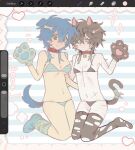  2girls akechisu1 animal_collar animal_ears animal_hands art_program_in_frame bandaged_tail bell bikini black_bikini black_hair black_thighhighs blue_bikini blue_hair blue_shoes blush_stickers bone_hair_ornament breasts brown_eyes cat_girl cat_tail cleavage closed_mouth collar crossover dog_ears dog_girl dog_tail dot_mouth dramatical_murder eyepatch fish_skeleton_hair_ornament full_body genderswap genderswap_(mtf) gloves green_socks hair_between_eyes hair_ornament hand_on_another's_back hand_up heart highres kemonomimi_mode kneeling looking_at_viewer loose_socks medical_eyepatch medium_breasts medium_hair multiple_girls navel neck_bell no_shoes notice_lines paw_gloves paw_shoes procreate_(medium) red_collar scar scar_on_arm scar_on_chest scar_on_face scar_on_leg scar_on_nose scar_on_shoulder scar_on_thigh self-harm_scar seragaki_aoba shoes slow_damage small_breasts smile socks sparkle stomach striped_background striped_bikini striped_clothes swimsuit tail thighhighs torn_clothes torn_thighhighs towa_(slow_damage) yellow_eyes 