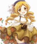  1girl :d beret black_thighhighs blonde_hair blush brown_corset brown_hat brown_skirt commentary_request corset cowboy_shot drill_hair hat highres hitode juliet_sleeves long_hair long_sleeves magical_girl mahou_shoujo_madoka_magica mahou_shoujo_madoka_magica_(anime) neck_ribbon open_mouth puffy_sleeves ribbon shirt simple_background skirt smile solo thighhighs tomoe_mami tomoe_mami_(magical_girl) twin_drills white_background white_shirt yellow_eyes yellow_ribbon zettai_ryouiki 