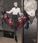  1boy :o ;o aeri_tomo bat_(animal) black_pants black_shawl black_shirt black_shoes blood blood_bag brown_background call_of_cthulhu character_name character_profile collared_shirt commentary_request copyright_name dress_shoes facing_viewer fang full_body grey_hair hair_between_eyes head_tilt highres holding holding_shawl intravenous_drip long_sleeves male_focus one_eye_closed ours_locus_amoenus outstretched_arms pants red_shawl shawl shirt shirt_tucked_in shoes short_hair skin_fang solo spread_arms standing ticket turtleneck turtleneck_shirt two-sided_shawl undershirt vampire white_shirt yellow_eyes zoom_layer 