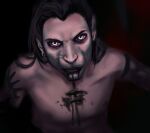  black_bodypaint black_hair blue_eyes bodypaint ear_piercing ear_ring front_view hair half-length_portrait hi_res himeragoldtail humanoid looking_at_viewer male nude open_mouth piercing portrait ring_piercing simple_background solo tan_body tan_skin 