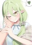  1girl 1other absurdres aqua_bow aqua_bowtie aqua_dress blue_archive blush bow bowtie commentary dress english_commentary fang green_hair hair_tie hand_grab highres holding light_blush long_hair looking_at_viewer nozomi_(blue_archive) one_eye_closed pointy_ears pov pov_hands ristarx1 shawl simple_background smile solo white_background 
