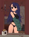  2girls :o backpack bag bed bedroom black_eyes black_panties black_tank_top bottle buhanka-chan collarbone donskoynadony highres kamaz-chan long_hair looking_at_mirror loungewear mirror multiple_girls original panties perfume_bottle pov purple_hair tank_top underwear undressing very_long_hair z_(russian_symbol) 